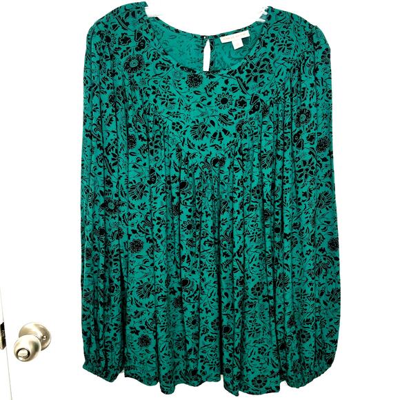 Knox Rose Wms XL Green Black Floral Tunic Popover Boho Dark Cottagecore Peasant - Picture 1 of 7